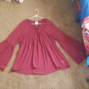 Long sleeve burgundy sheer flowy blouse